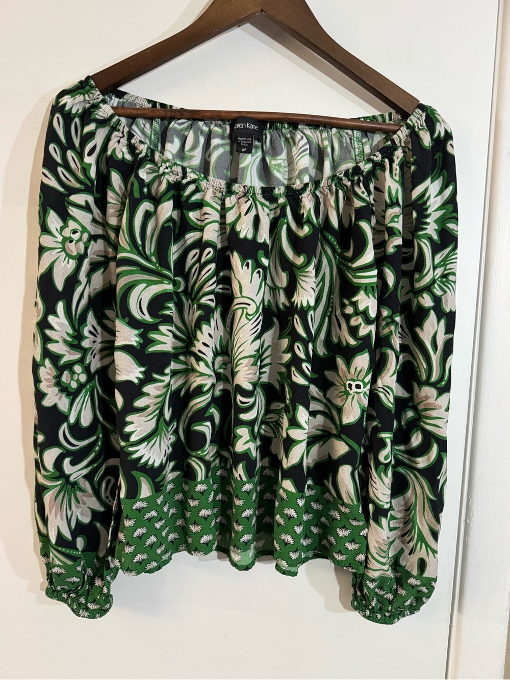 Karen Kane Black, Green & Cream Floral Off-Shoulder Blouse